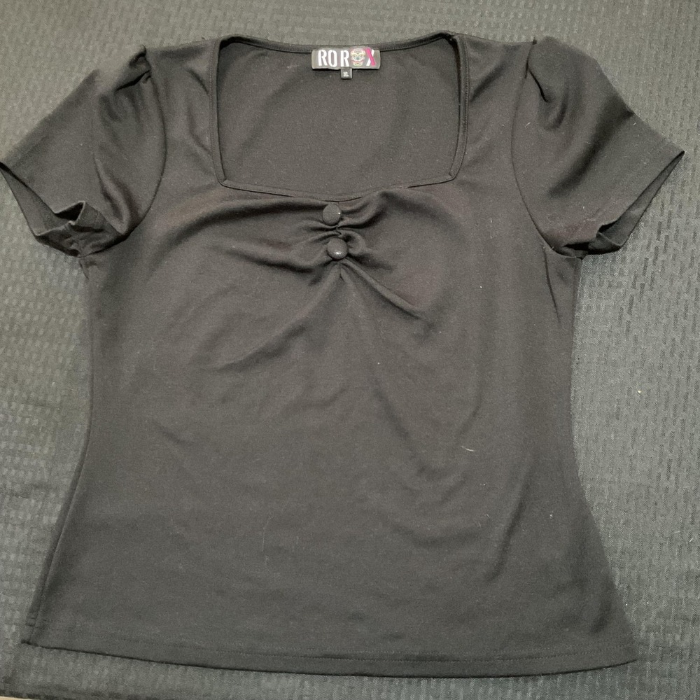 ROR Shirt Womens XL Black Short Sleeve Square Neck Button Front Stretch Top Tee